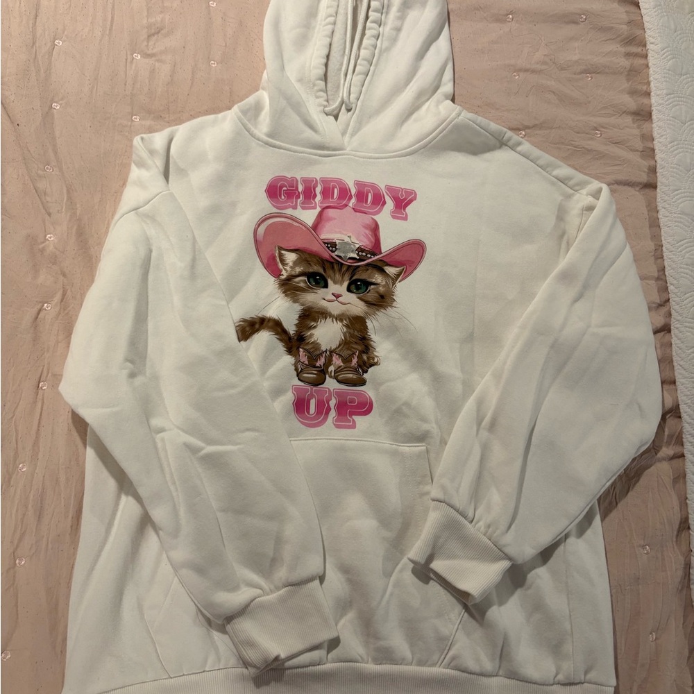 White Cat Print Hoodie